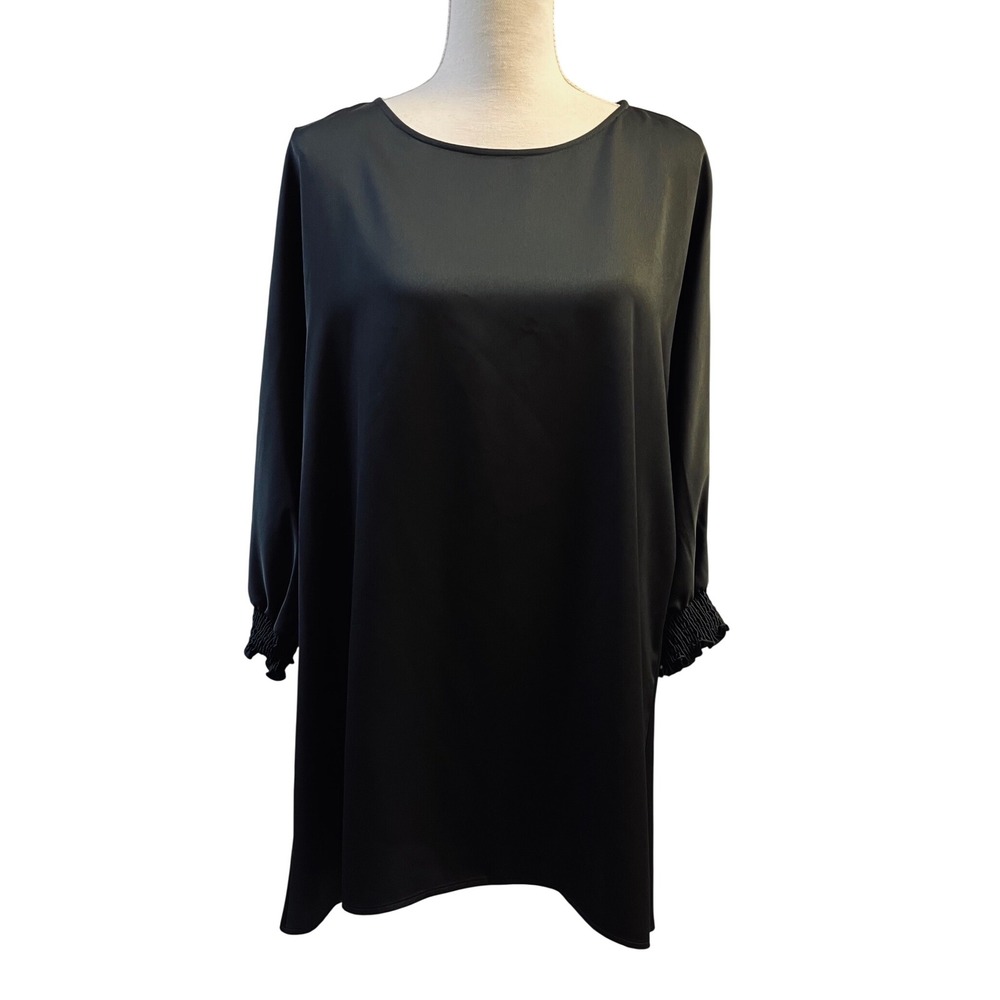 Anne Klein Tunic Blouse L Black Satin Quiet Luxury Classic Gothic Minimalist NEW
